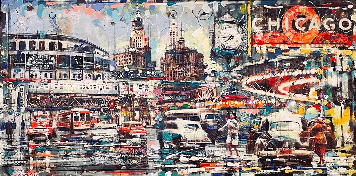 Cityscape Painting. Title: Chicago at 7:46 PM, Original Mixed Media 30x60 inches by Contemporary Canadian artist Victor Nemo.