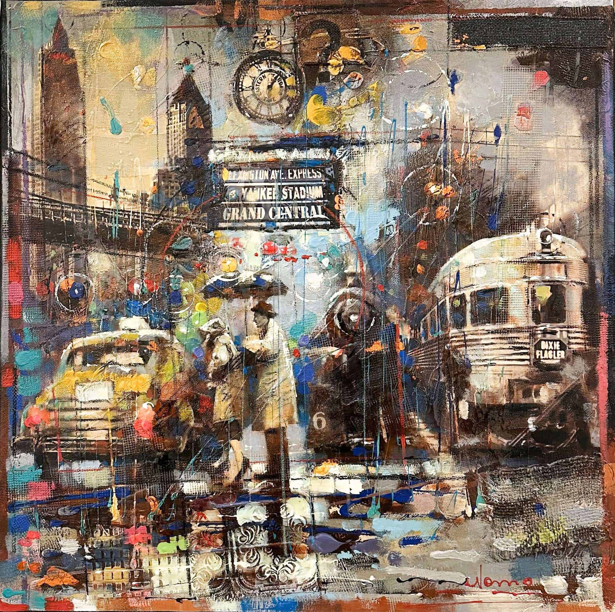 Contemporary art. Title: Taxi Has Arrived, 30x30 inches, Mixed Media on canvas by Canadian artist Victor Nemo.