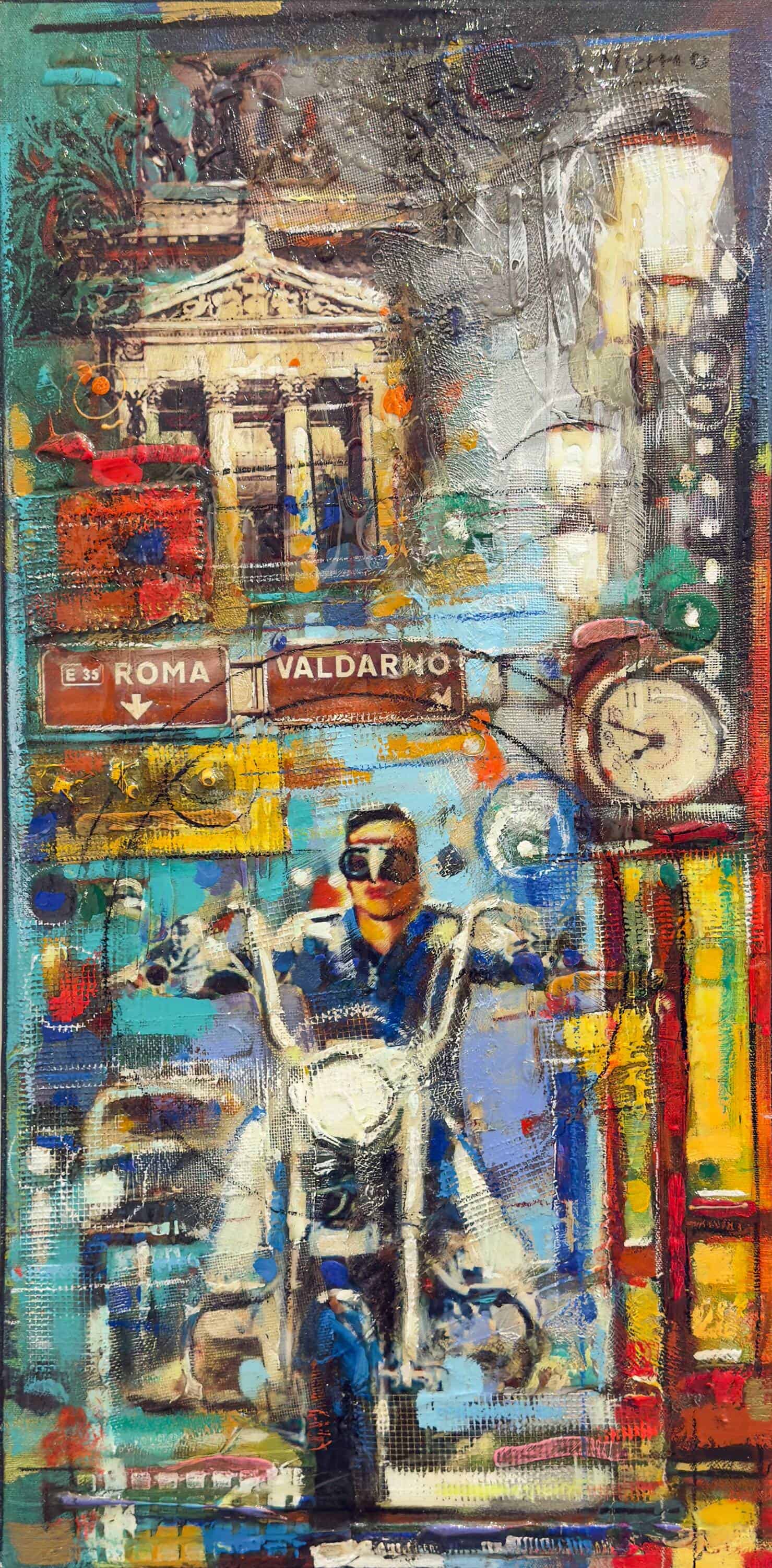 Cityscape Painting. Title: Roma E 35, Original Mixed Media 30x15 inches By Contemporary Canadian artist Victor Nemo.