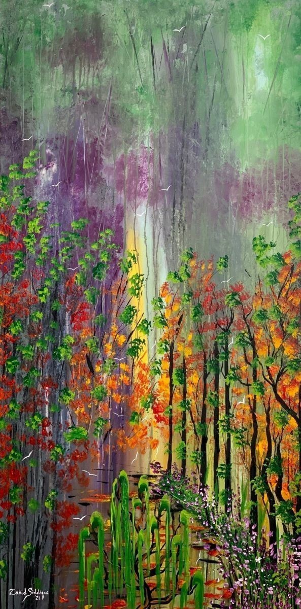 Abstract Landscape Painting. Title: After the Rain, Original Acrylic 48x24 inches by Contemporary Canadian Artist Zahid Siddique.