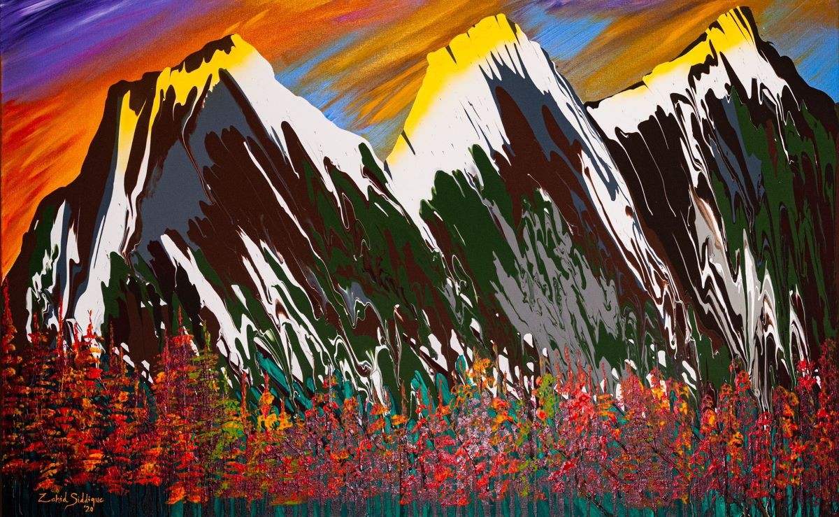 Abstract Landscape Painting. Title: First light on 3 Sisters Mountains, Original Acrylic-48x30 inches by Contemporary Canadian Artist Zahid Siddique.