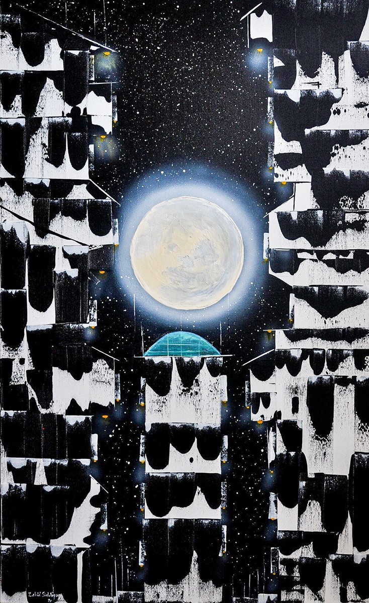 Abstract Landscape Painting. Title: Mesmerizing Moon Over the City, Original Acrylic 48x30 inches by Contemporary Canadian Artist Zahid Siddique.s