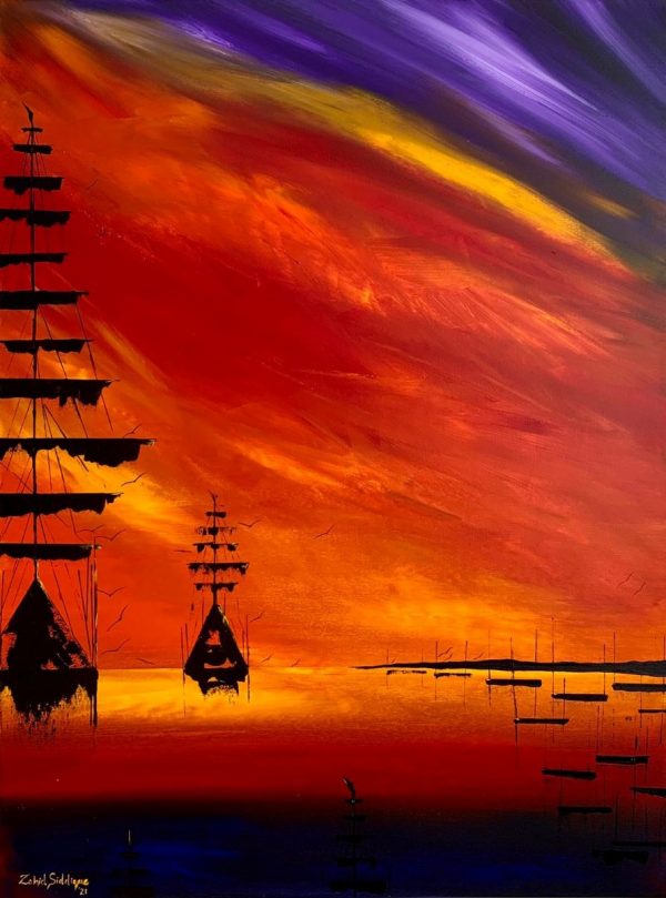 Abstract Landscape Painting. Title: Peaceful Return, Original Acrylic 48x30 inches by Contemporary Canadian Artist Zahid Siddique.