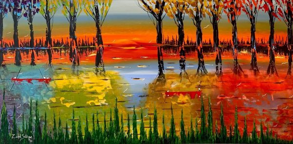 Abstract Painting. Title: Refection, Original Acrylic 24x48 inches by Contemporary Canadian Artist Zahid Siddique.