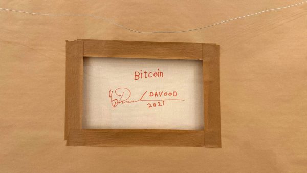 Contemporary art. Title: Bitcoin, Acrylic on Canvas, 36 x 48 in by Davood Roostaei.