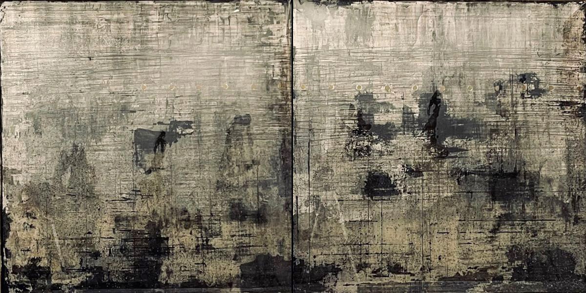 Contemporary art. Title: Mono in Stereo, Mixed Media on Panel, 21.5x43 in by Contemporary Canadian artist David Graff.