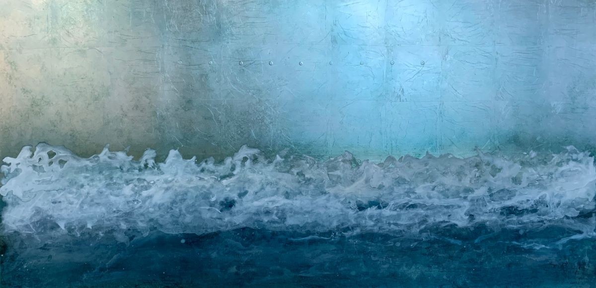 Seascape art. Title: Surfacing, Mixed Media on Panel, 30x60 in by Contemporary Canadian artist David Graff.