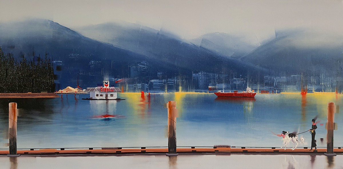 Contemporary art. Title: Harbour & North Van, Oil on canvas,12x20 in, Commission by Contemporary Canadian Artist Kamiar Gajoum.