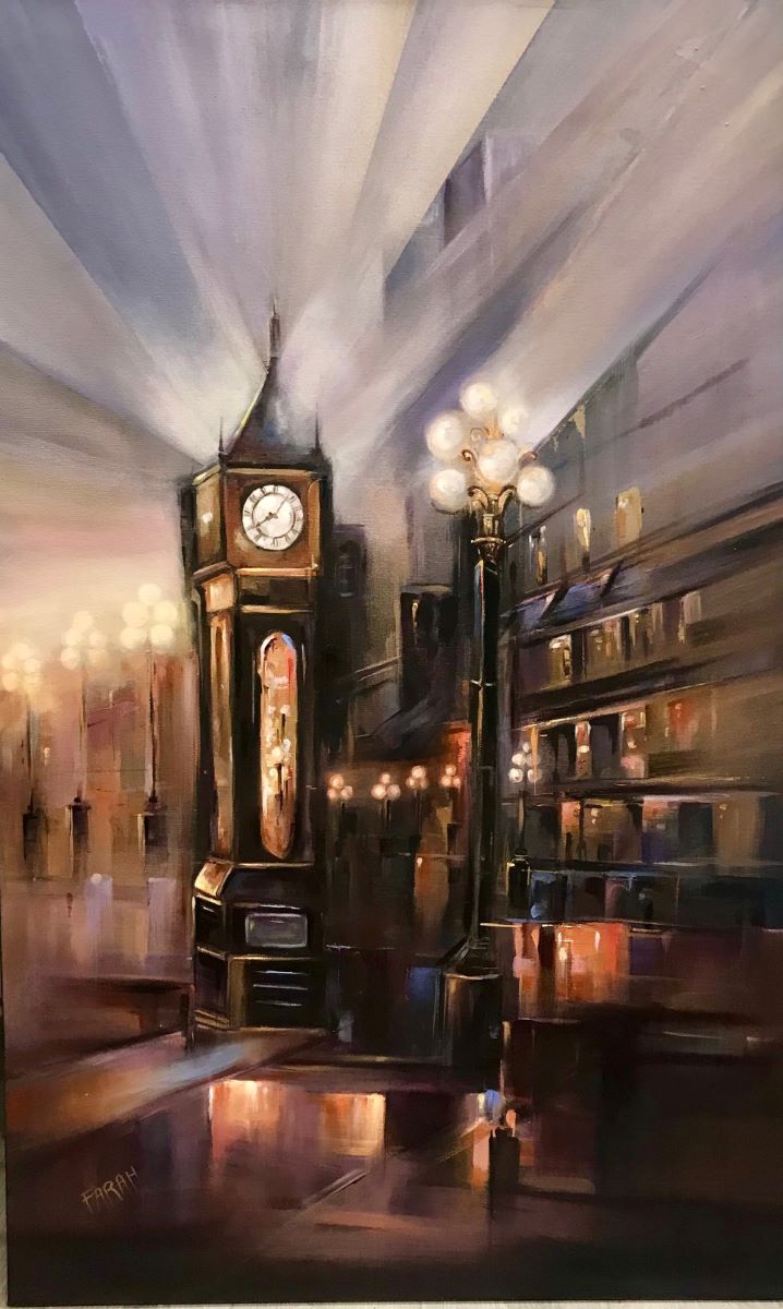 Contemporary art. Title: Steam Clock at Night, acrylic on canvas, 48x30 in by Contemporary Canadian artist Farahnaz Samari.