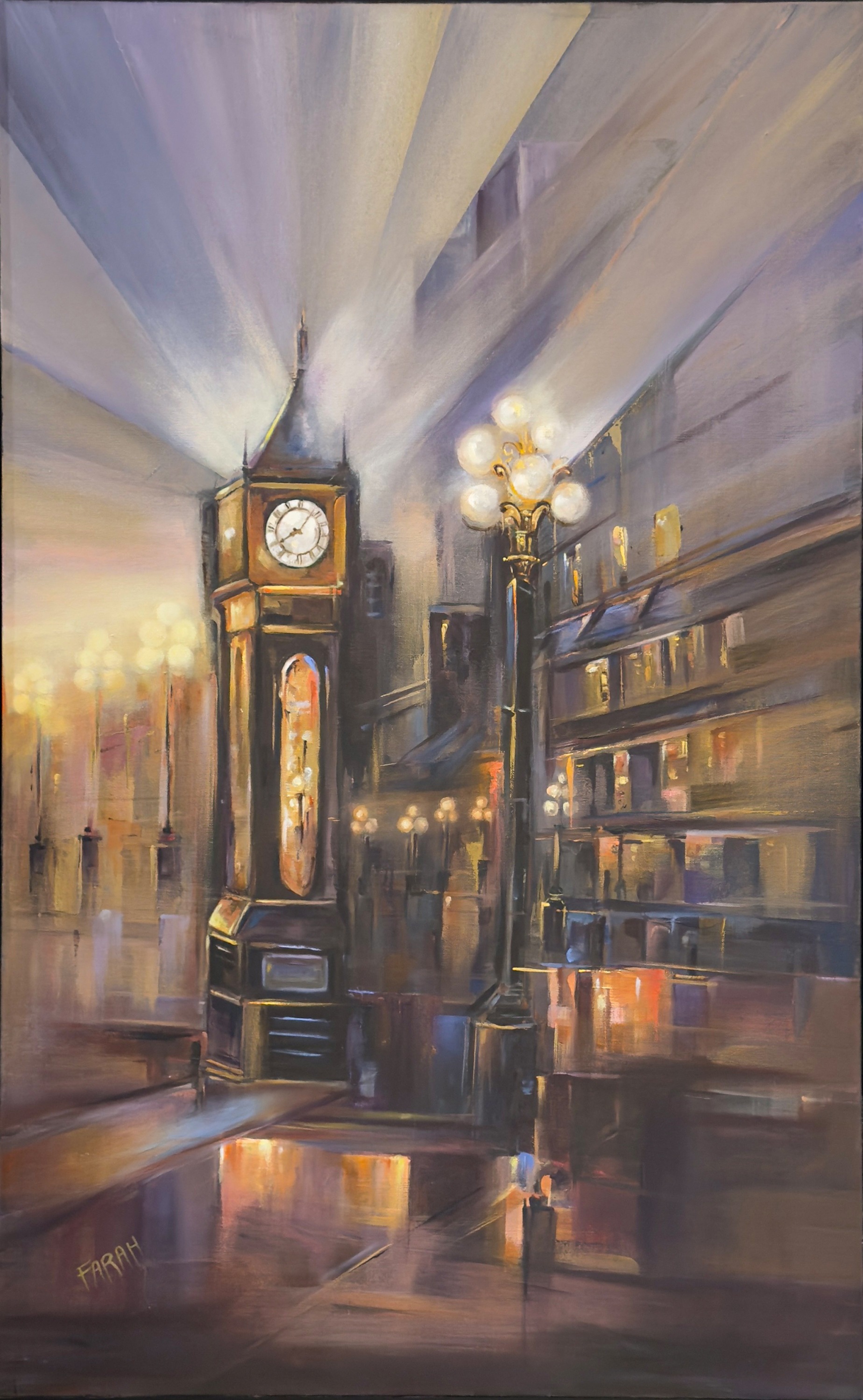 Steam Clock at Night by Farahnaz Samari, painting of Vancouver Gastown steam clock illuminated under glowing street lamps.