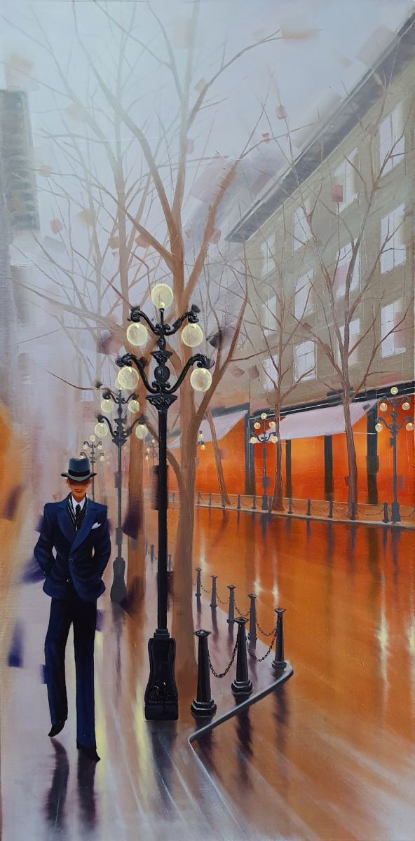 Contemporary art. Title: Along Water Street, Oil 24x12 in by Contemporary Canadian Artist Kamiar Gajoum.