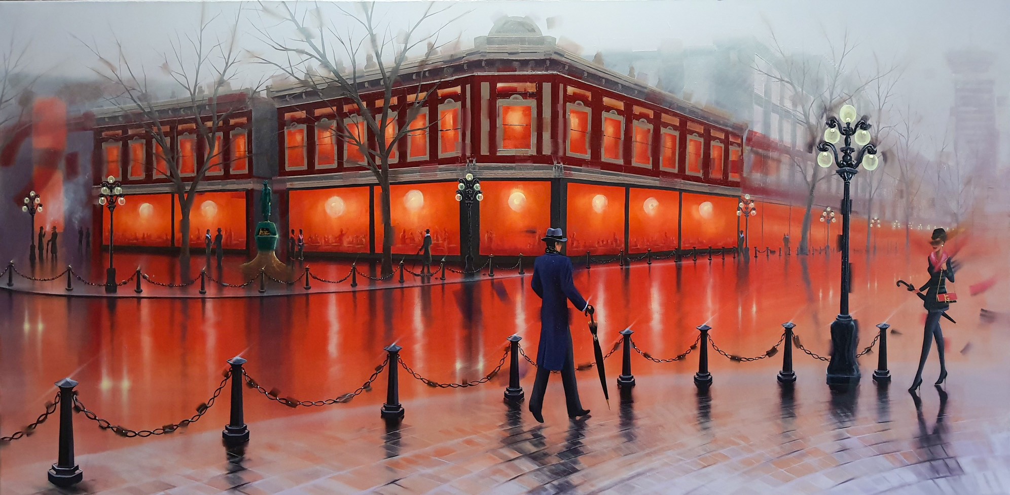Contemporary art. Title: Gastown Reflection-Oil on canvas-24x48 in by Contemporary Canadian Artist Kamiar Gajoum.