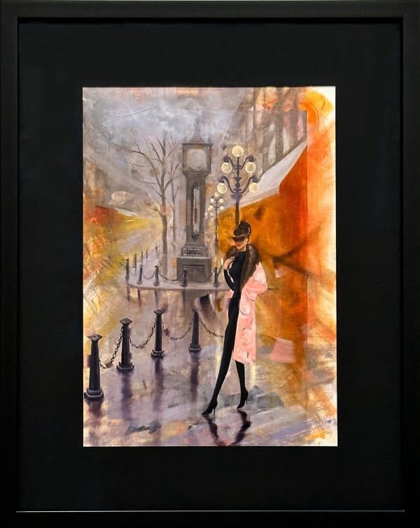 Contemporary Art. Title: Lady & Gastown Ambiance, Oil on Paper, 16 x 11 in by Canadian Artist Kamiar Gajoum.