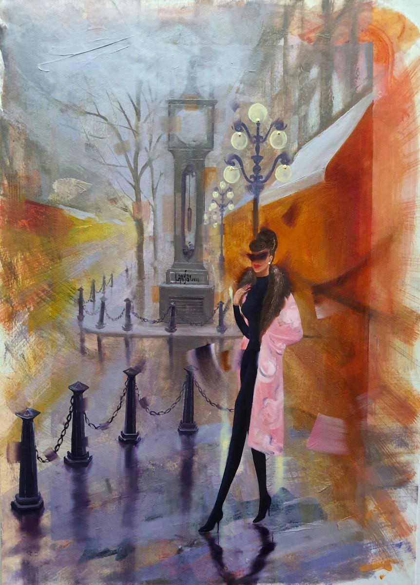 Contemporary art. Title: Lady & Gastown Ambiance, oil on canvas paper,16.5x11.5 in by Contemporary Canadian Artist Kamiar Gajoum.
