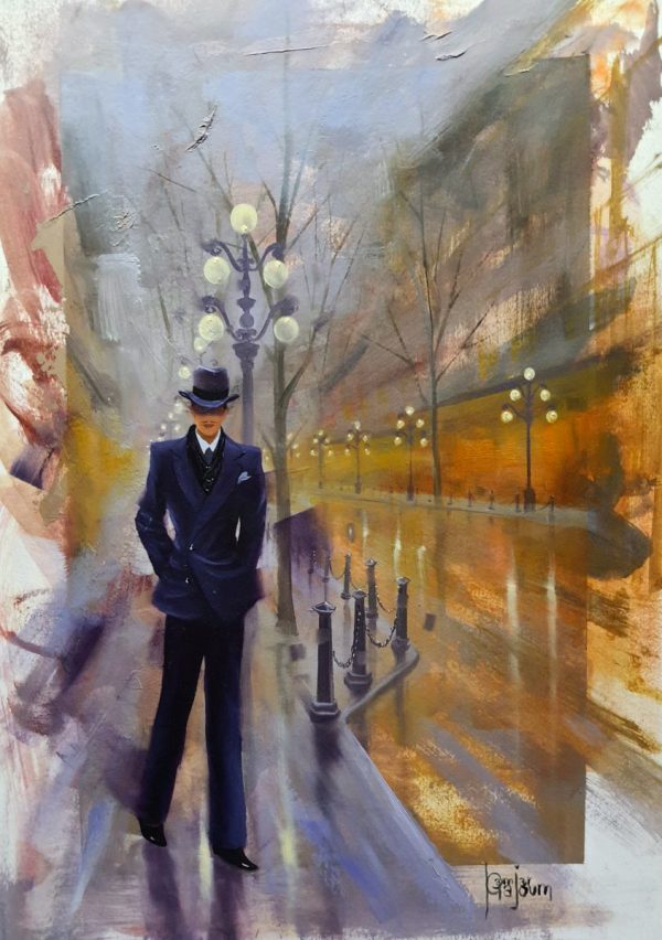 Contemporary art. Title: Man & Gastown Ambiance, oil on canvas paper,16.5x11.5 in by Contemporary Canadian Artist Kamiar Gajoum.