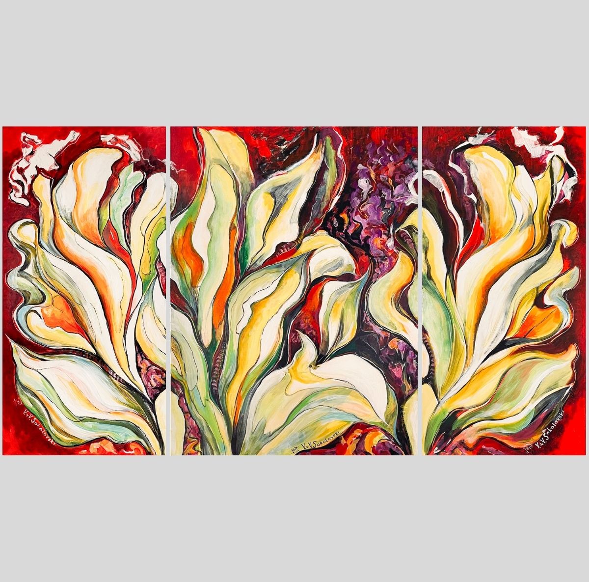 Contemporary Art. Title: Island Flowers -Acrylic on canvas-Triptych 48x24/2, 48x36/1 in by Contemporary Canadian artist Valeri Sokolovski.