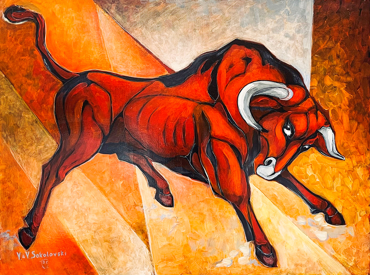 Contemporary art. Title: Lucky Bull of Fortune_Acrylic_36x48 in by Contemporary Canadian artist Valeri Sokolovski.