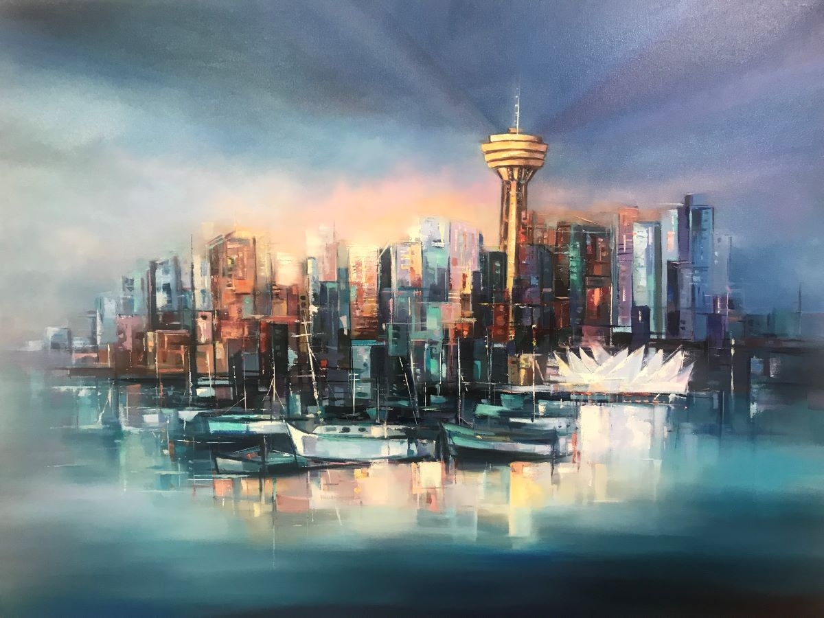 Growing City by Farahnaz Samari, Vancouver skyline painting with harbor boats, waterfront reflections, and glowing city towers.