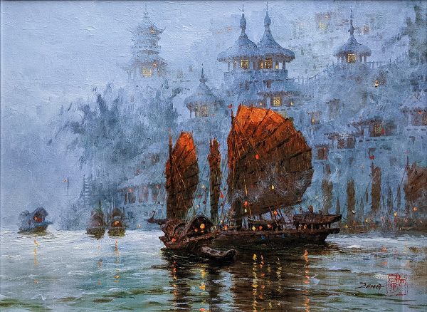Contemporary art. Title: Sails with Pagoda, Oil, 18x24 inches by Contemporary Canadian Artist Uncle Zeng.