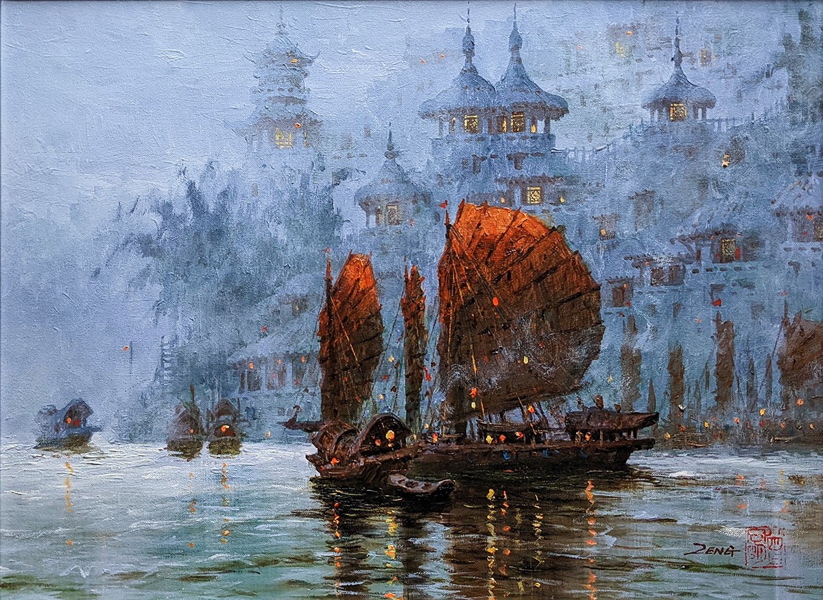 Contemporary art. Title: Sails with Pagoda, Oil, 18x24 inches by Contemporary Canadian Artist Uncle Zeng.
