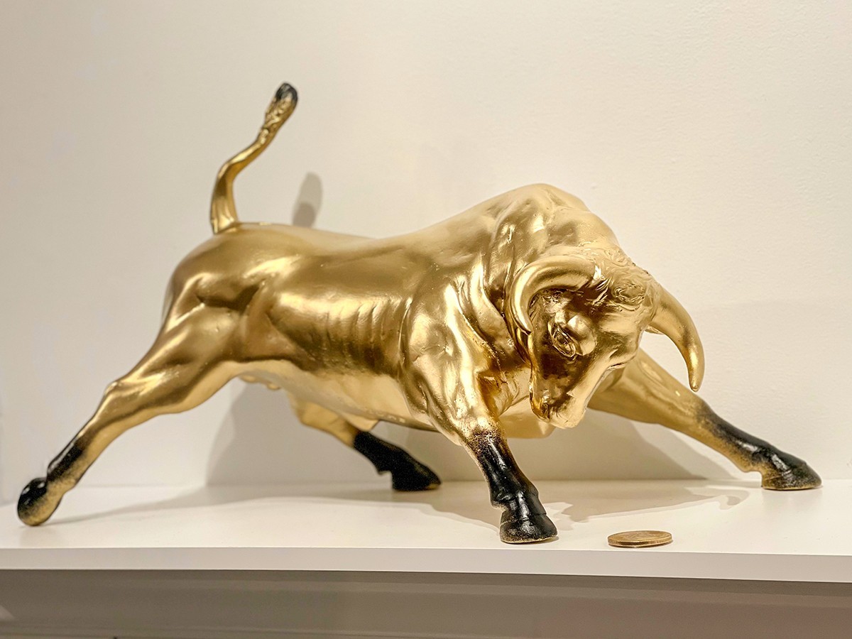 Contemporary Sculpture. Title: Bull of Fortune, 22x11x14.5 in by Contemporary Canadian artist Valeri Sokolovski.