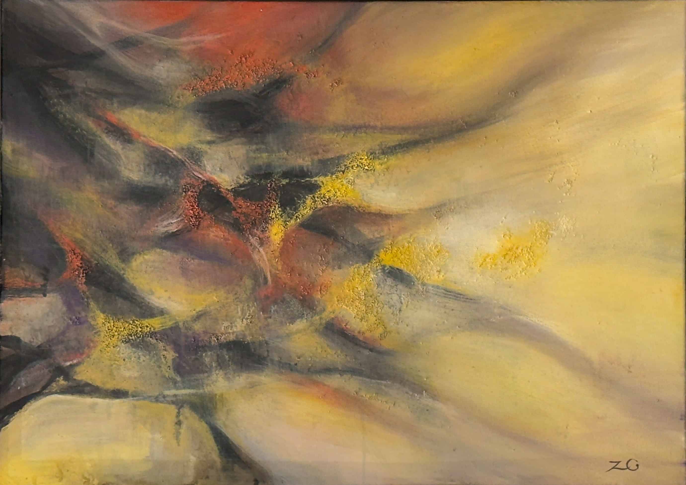 Join & Discrete Five Elements YJ12 by Zachary Chang, abstract mixed media painting with golden earth tones and flowing forms.