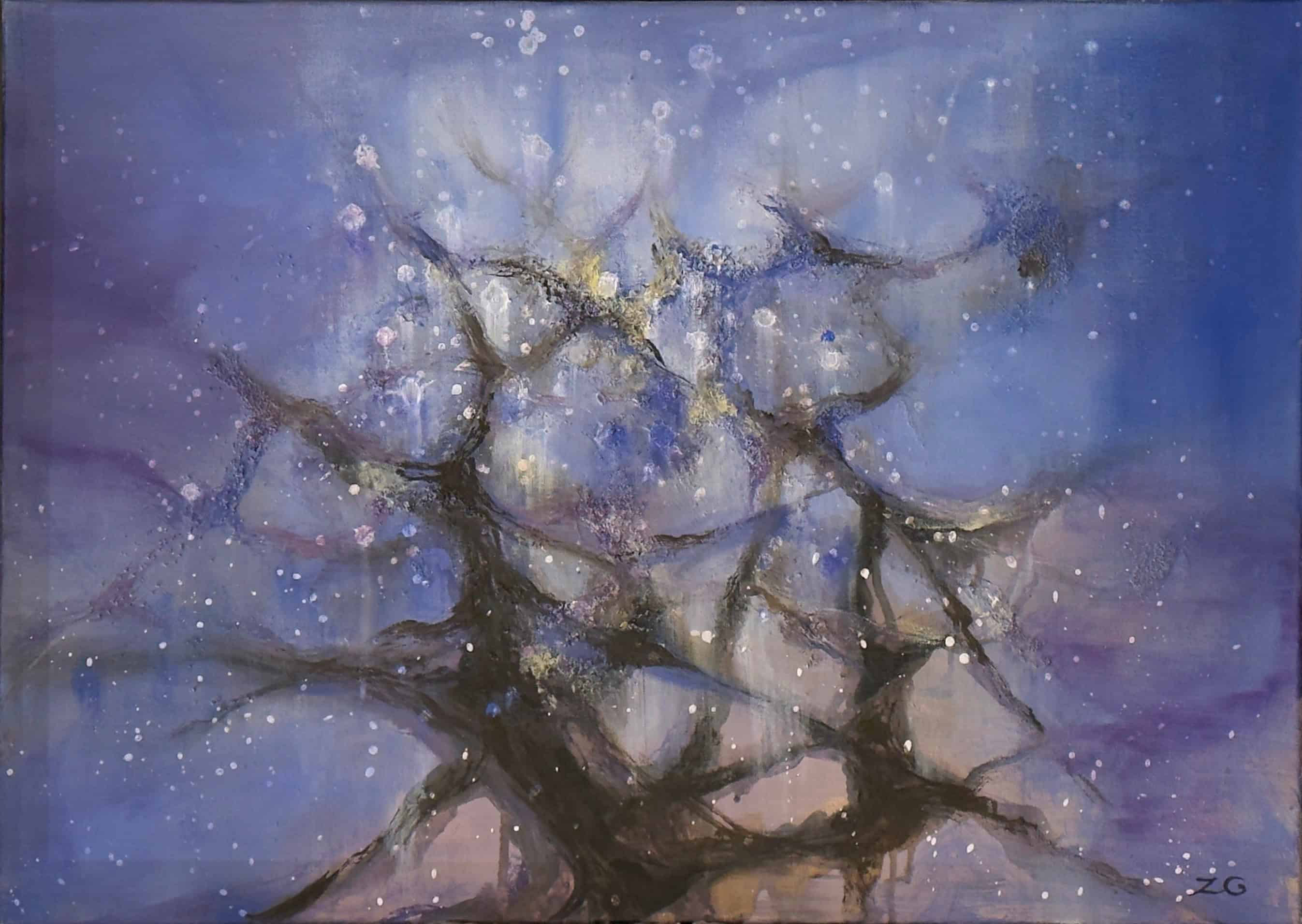 Join & Discrete Five Elements YJ18 by Zachary Chang, abstract mixed media painting with branching forms and blue cosmic textures.