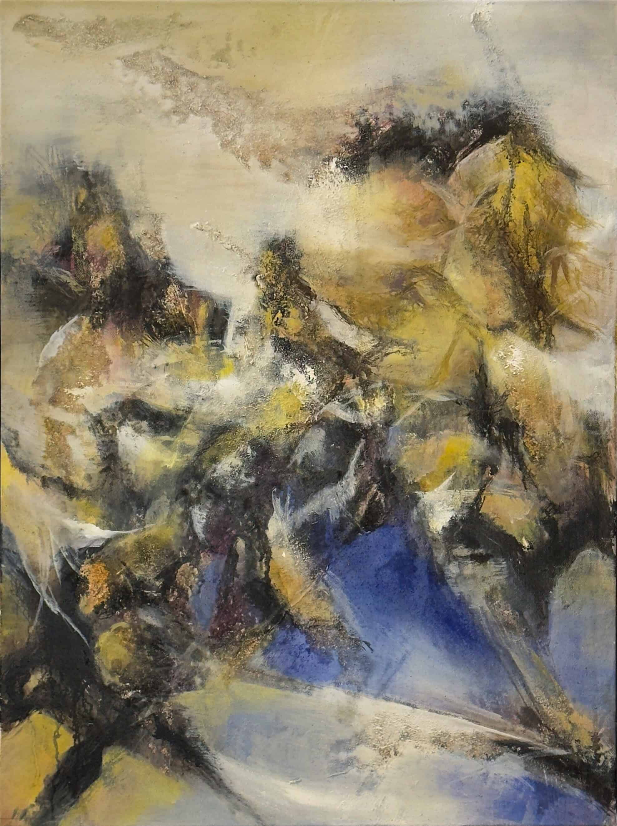 Join & Discrete Five Elements YZ11 by Zachary Chang, abstract mixed media painting with layered textures and dynamic forms.