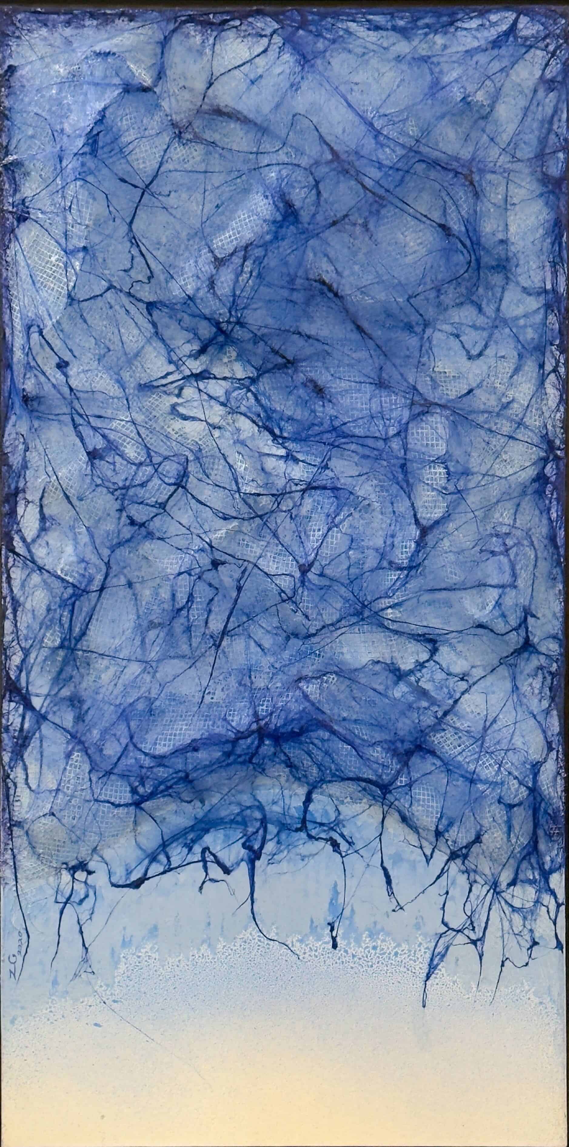 Tributes to Elon Musk 012 by Zachary Chang, blue abstract mixed media painting with fiberglass silk and linen textures.
