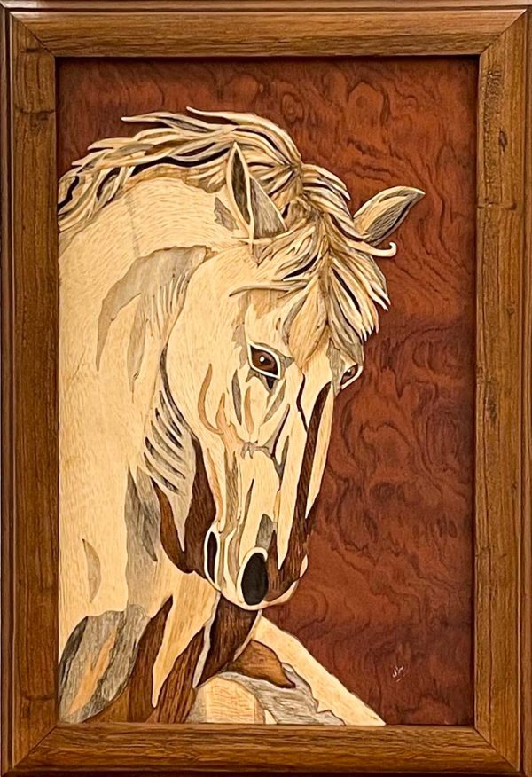 Wall Sculpture. Title: Wild Horse, Carved Wood Wall reliefs sculpture, 19x13 in by Abbas Bahrami.