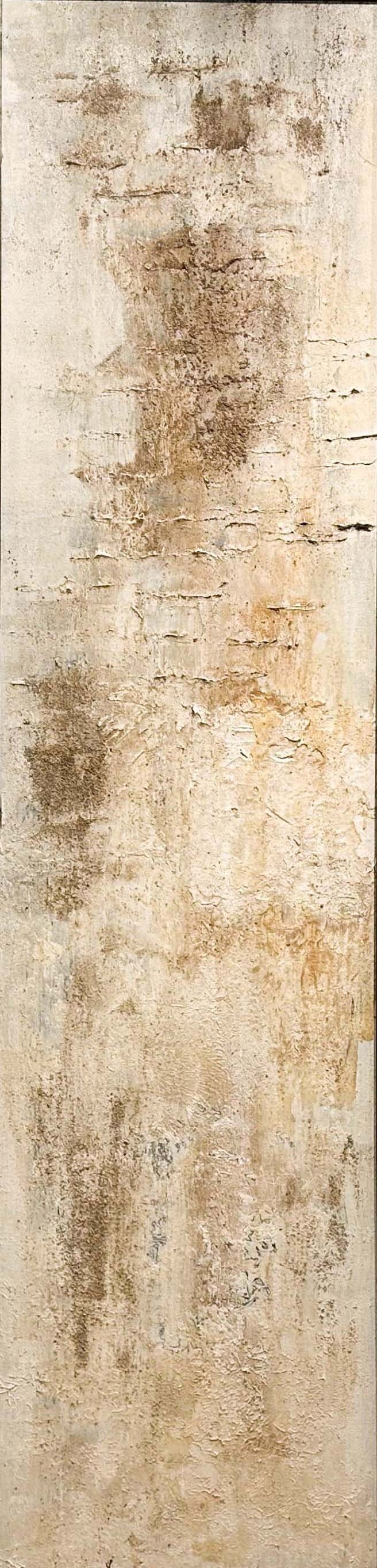 Title: Crema. Abstract mixed media artwork in soft ivory and earth tones by G. Kim Hinkson.