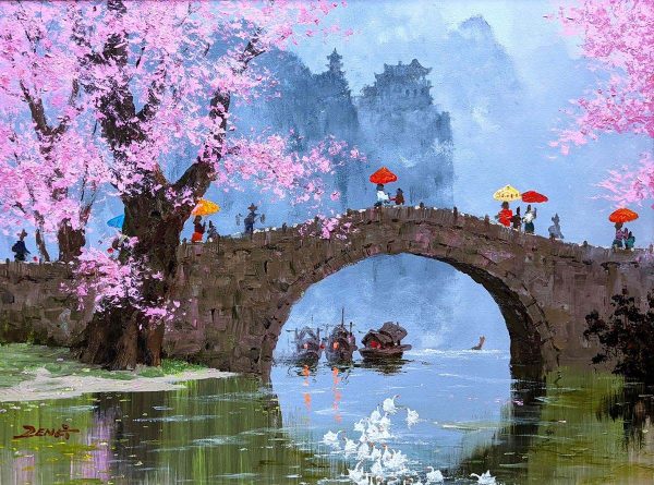 Landscape Painting. Title: Blossom Bridge, Original Oil 18x24 inches by Contemporary Canadian Artist Uncle Zeng.