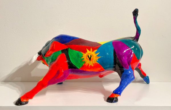 Contemporary Sculpture. Title: Colorful Bull, Fiberglass Resin, 22x11x14.5 inches by Contemporary Canadian artist Valeri Sokolovski.