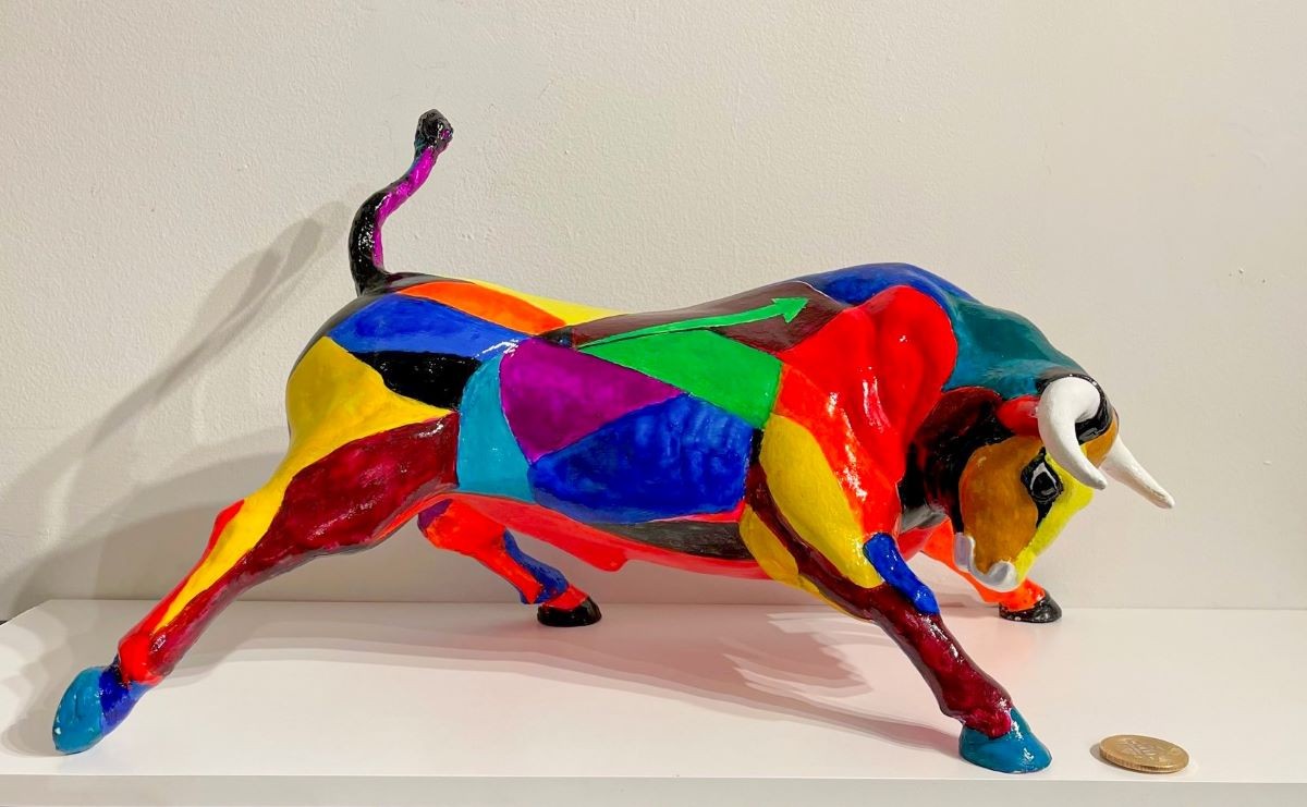 Contemporary Sculpture. Title: Colorful Bull, Fiberglass Resin, 22x11x14.5 inches by Contemporary Canadian artist Valeri Sokolovski.