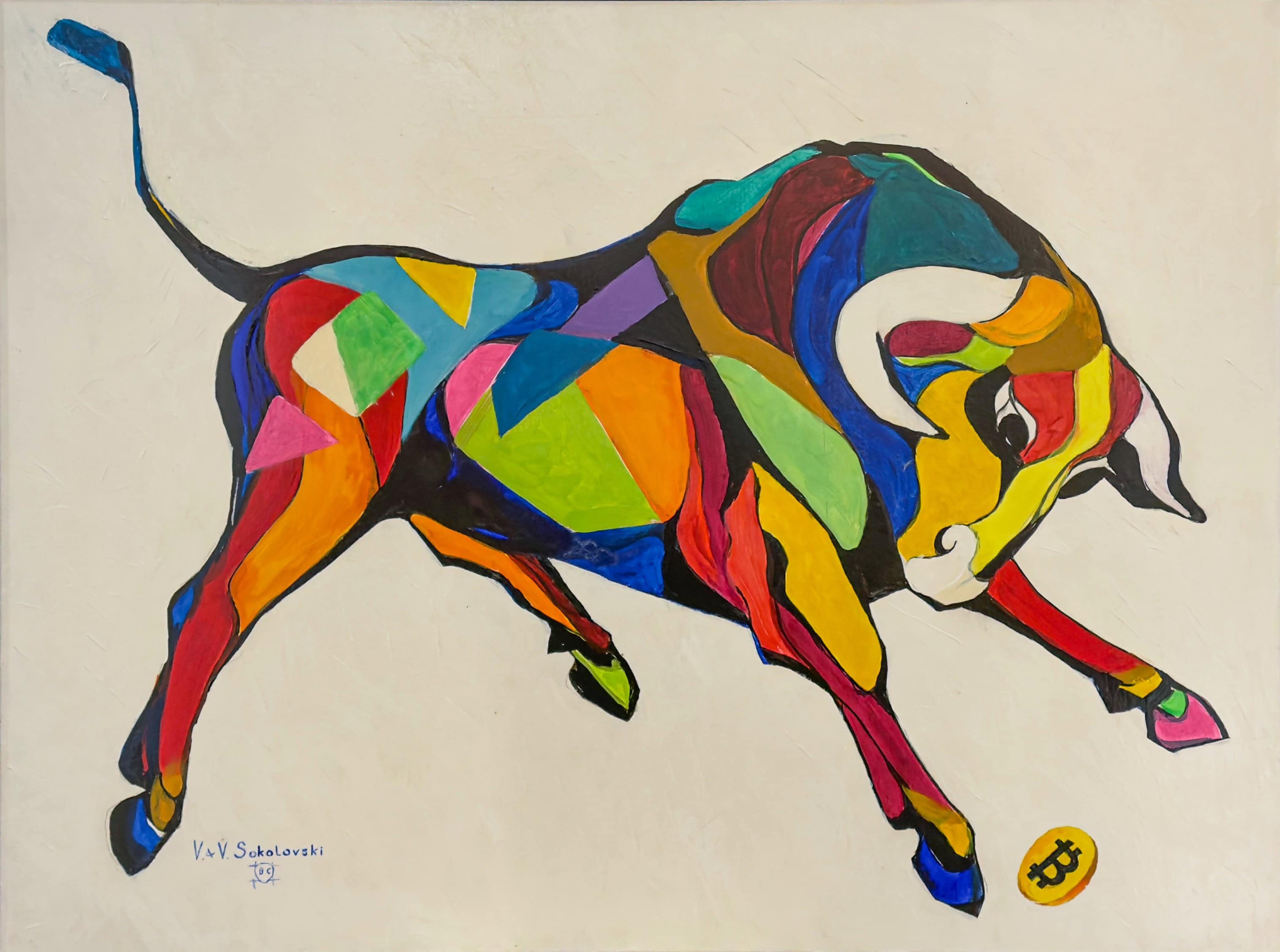Valeri Sokolovski Lucky Coin colorful geometric bull oil painting