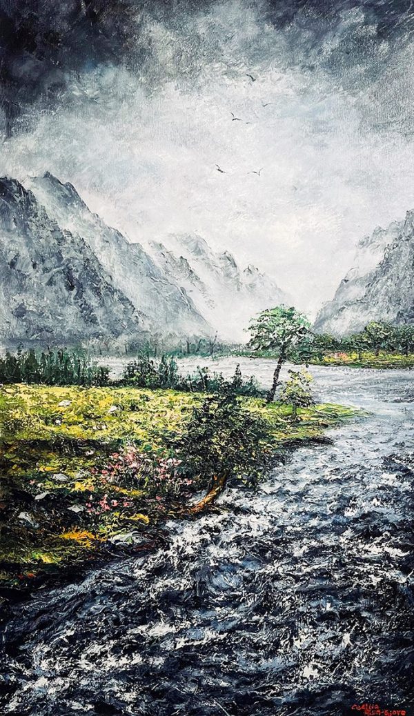 Contemporary Art. Title: River For Good Profit, Original Oil, 43x26 in by Canadian Artist Cecilia Aisin-Gioro.