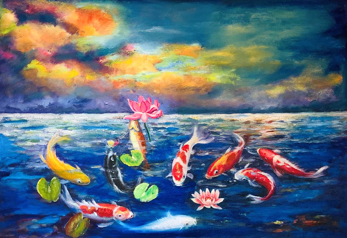 Contemporary art. Title: Nine Koi Play with Lotus, Oil 28x40 in by Contemporary Canadian Artist Cecilia Aisin-Gioro.
