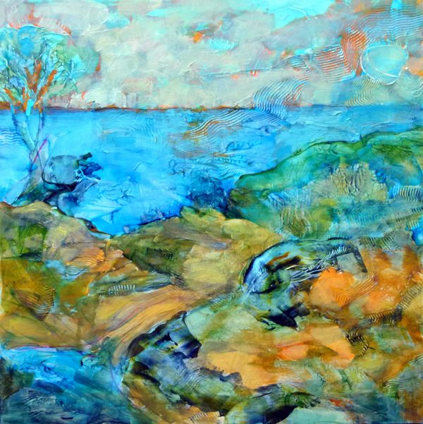 Abstract Art. Title: Out to Sea, Acrylic on Board, 24x24 in by Contemporary Canadian Artist Christine Reimer.