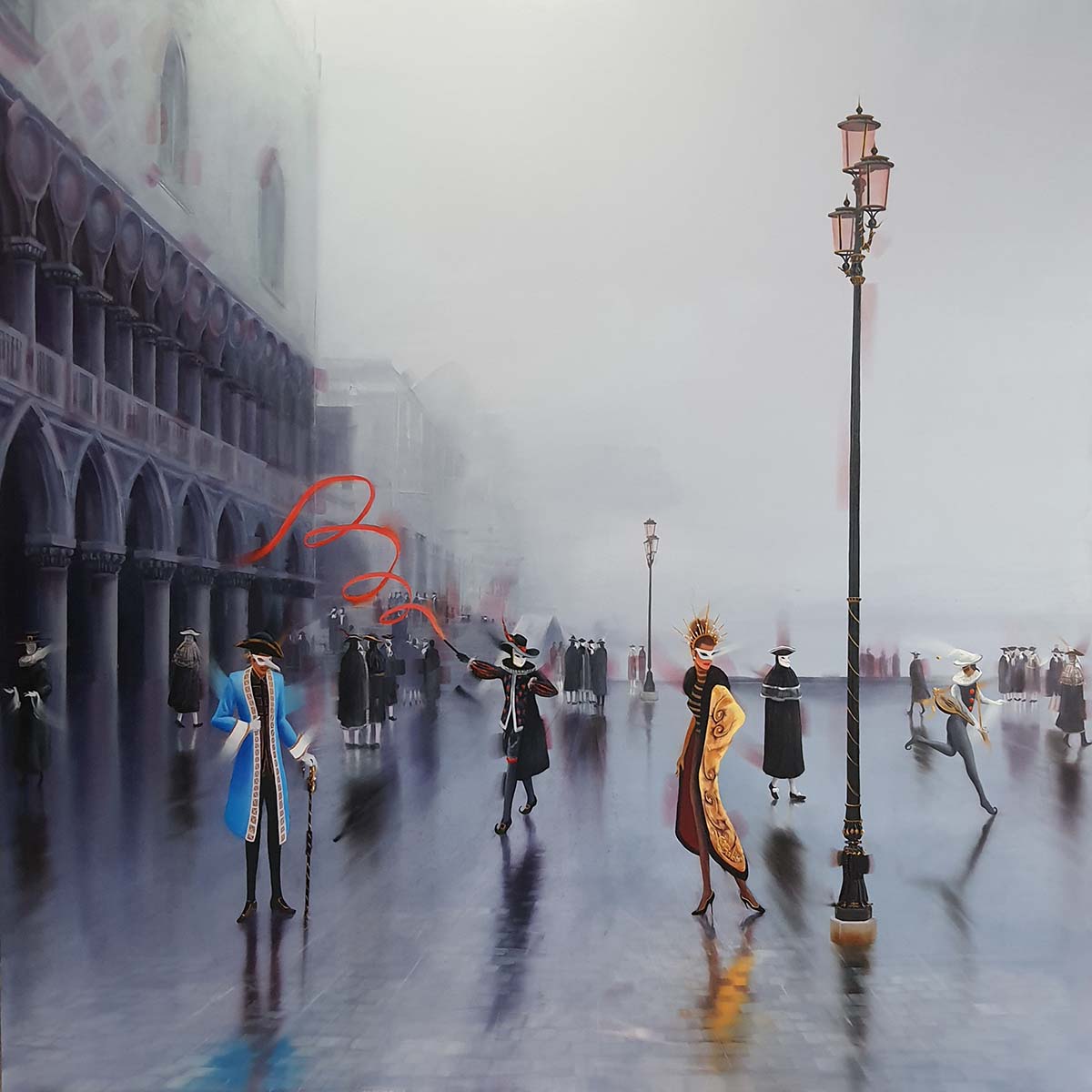Contemporary Art. Title: Carnival Ambiance, Oil, 48x48 inches by Canadian Artist Kamiar Gajoum.
