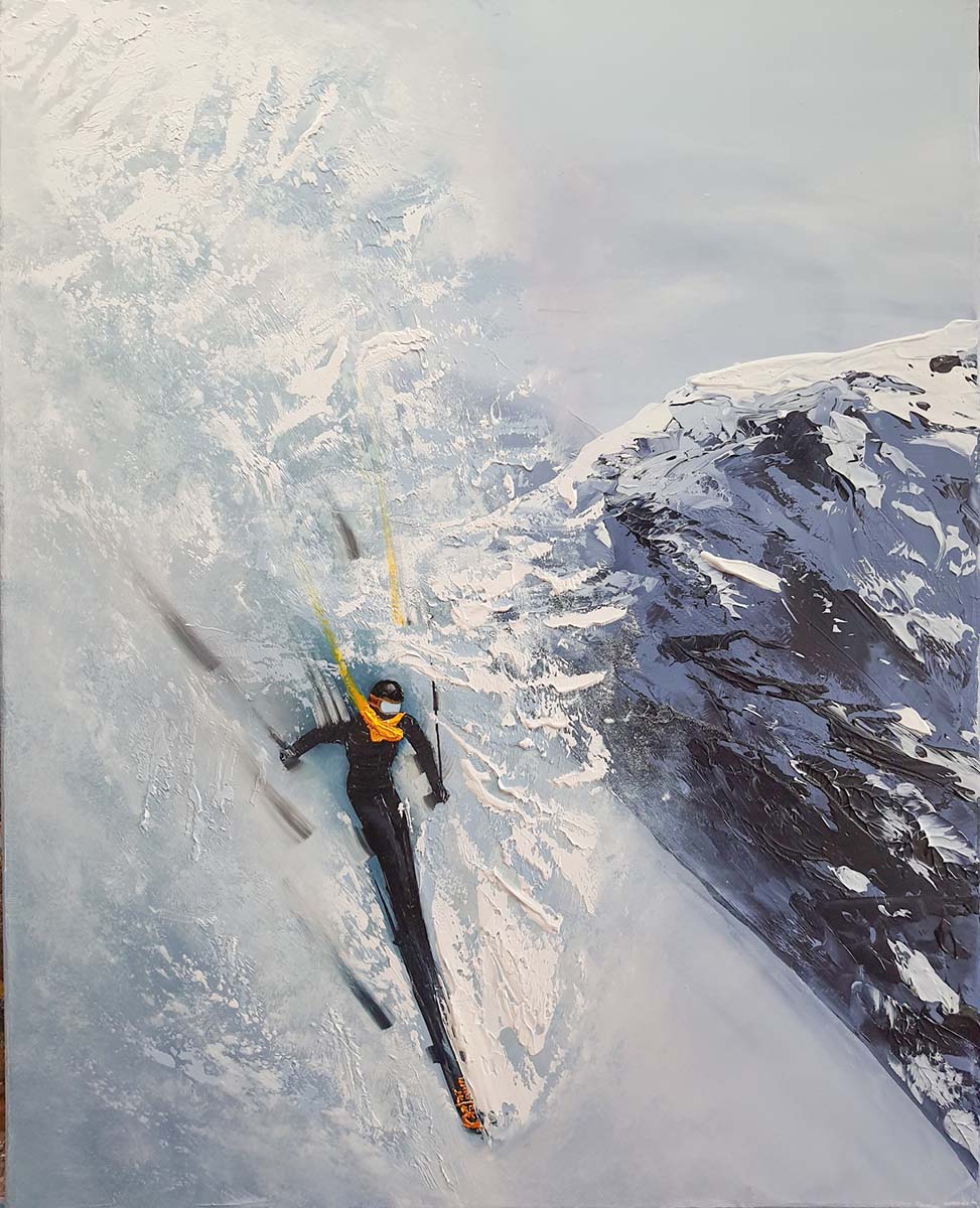 Contemporary Art. Title: Ski Season, Oil, 20x16 inches by Canadian Artist Kamiar Gajoum.