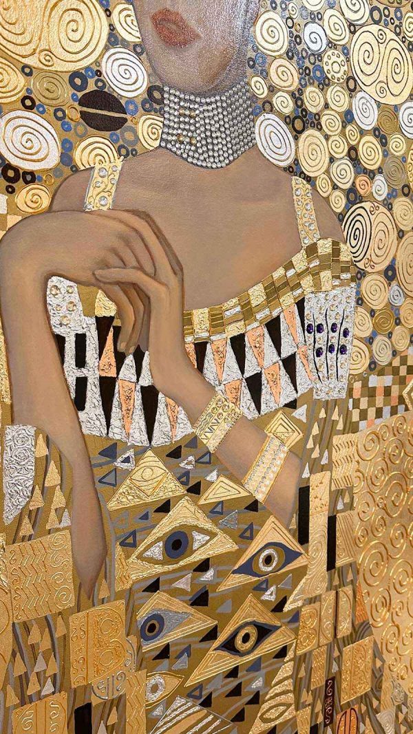 Replica Painting. Title: Golden Adele, Oil on Canvas, Gold, Silver, Swarovski Crystals, 72 x 48 in, Details 2 by artist Mykola Yurov.