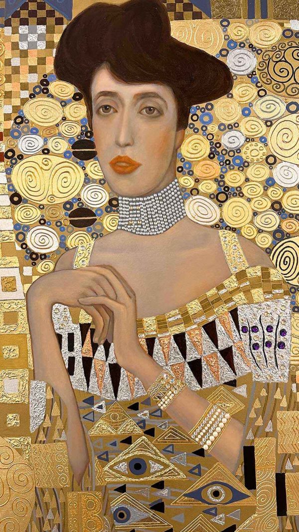 Replica Painting. Title: Golden Adele, Oil on Canvas, Gold, Silver, Swarovski Crystals, 72 x 48 in, Details 4 by artist Mykola Yurov.