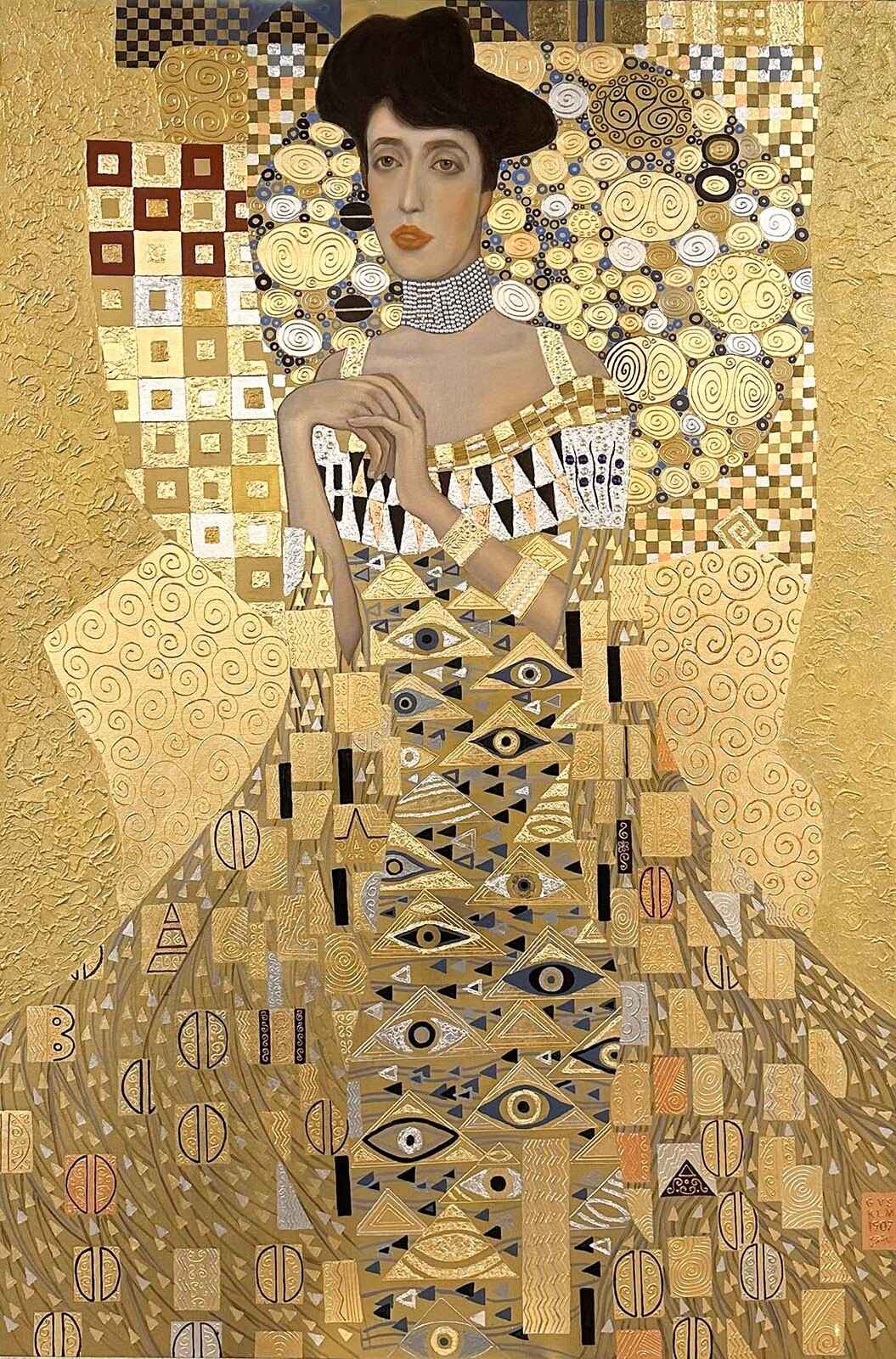 Replica Painting. Title: Golden Adele, Oil on Canvas, Gold, Silver, Swarovski Crystals, 72 x 48 in by artist Mykola Yurov.