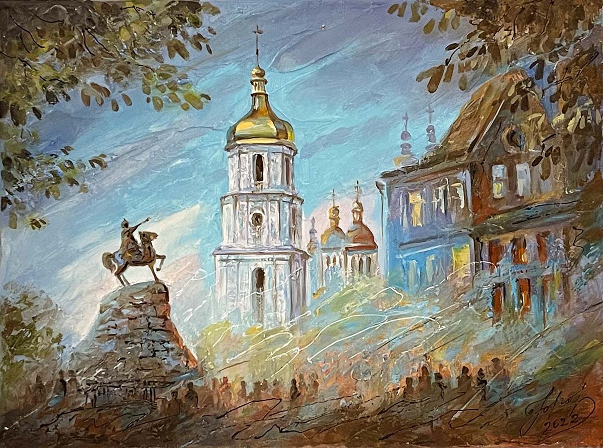 Contemporary Art. Title: Hagia Sophia Square Kyiv Ⅱ, Oil on canvas, 12x16 in by artist Mykola Yurov.