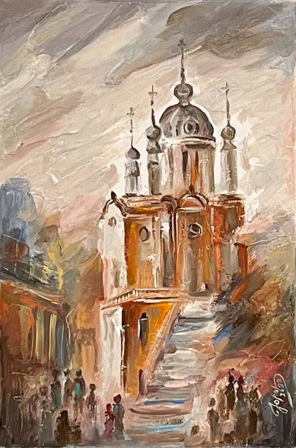 Contemporary Art. Title: St Andrew Church Kyiv, Oil on canvas,12x8 inches by artist Mykola Yurov.