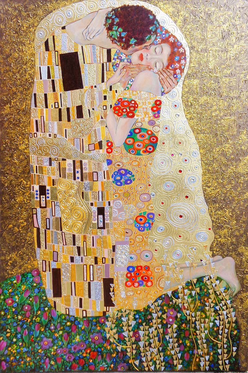 Replica Painting. Title: The Kiss, Replica, Oil on canvas, Gold, Silver, 31.5x47 in by artist Mykola Yurov.