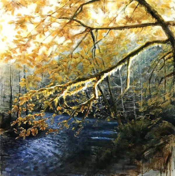 Contemporary art. Title: Fall, Acrylic & Leafing, 30 x 30 inches by Canadian Artist Janice McLean.