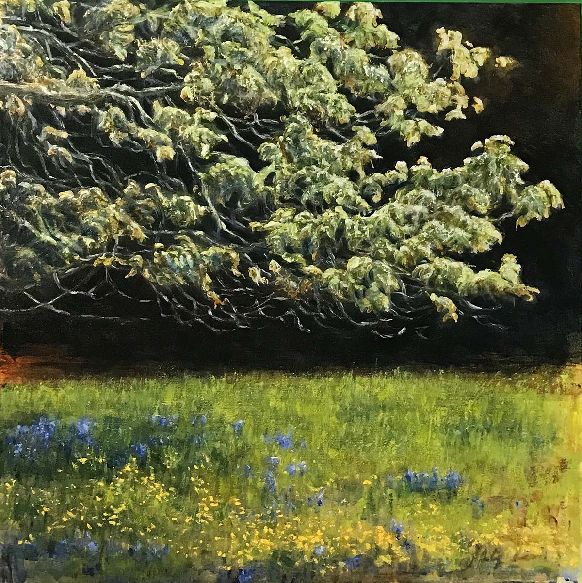 Contemporary art. Title: Spring, Acrylic & Leafing, 30 x 30 in by Canadian Artist Janice McLean.