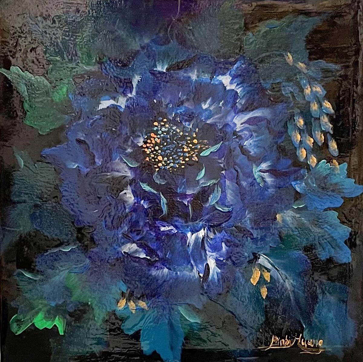 Contemporary Art. Title: Blue Flower, Acrylic on Canvas, 12x12 in by Canadian artist Binbin Huang.