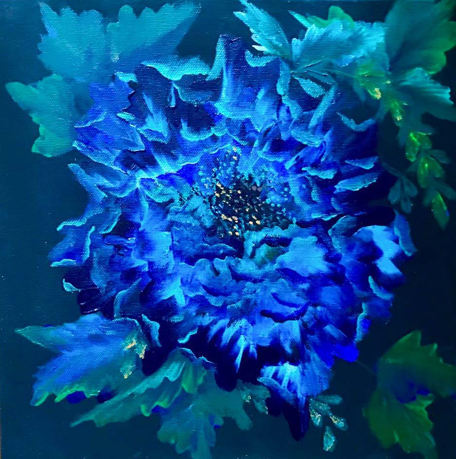 Contemporary Art. Title: Blue Peony, Acrylic on Canvas, 12x12 in by Canadian artist Binbin Huang.